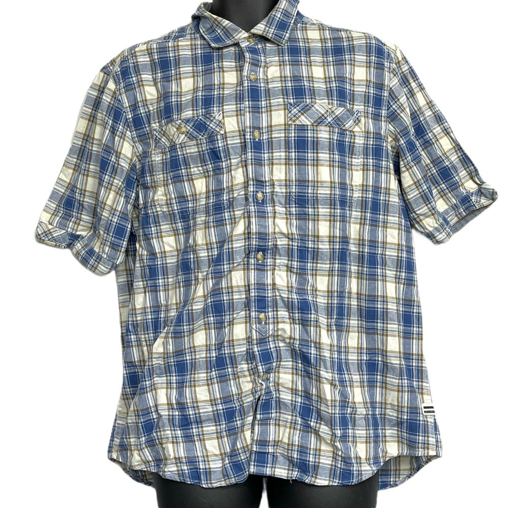Sean John Shirt Men Size XL Blue Plaid Button Up Short Sleeve 100% Cotton